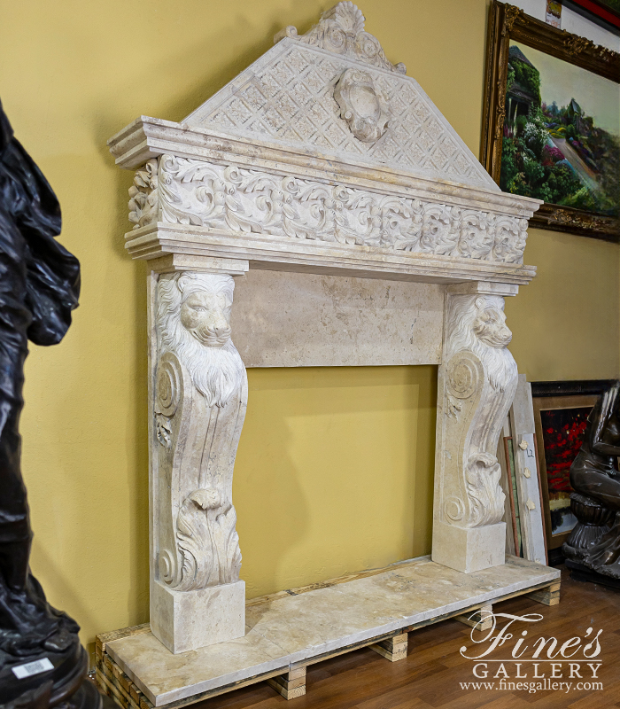 Marble Fireplaces  - Lion Themed Mantel With Overmantel In Light Travertine - MFP-1734